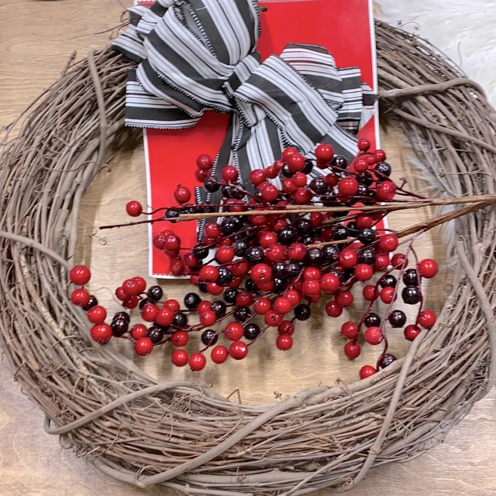 Huge Christmas woven vine wreath with bow and red berry decor